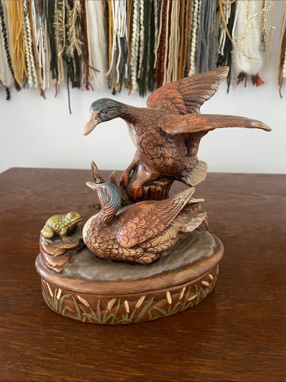 Hand-Painted Ceramic Duck Figurine with Frog Accent trinket box  - Brown & Green
